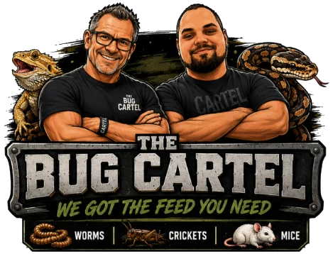 The two owners of The Bug Cartel, arms crossed, under the shop's plate logo